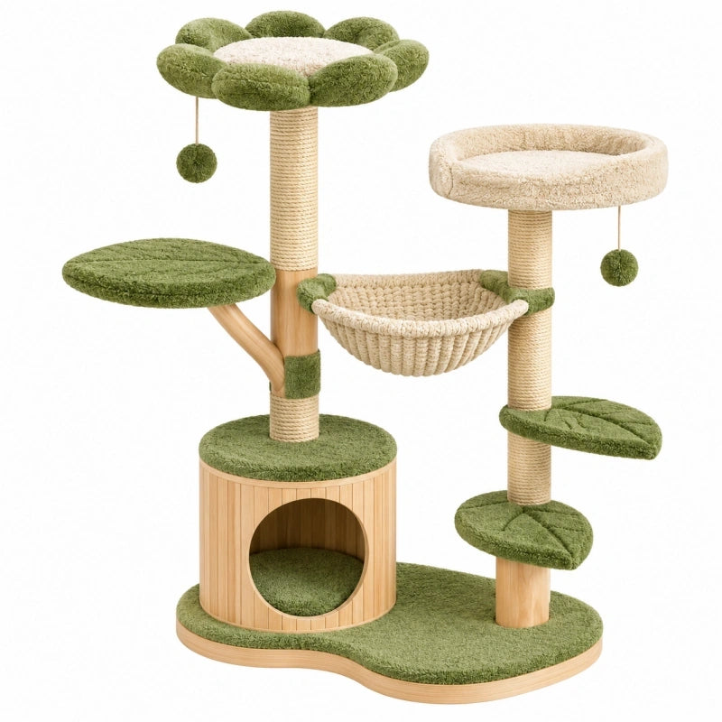 Arbre à chat 60 x 50 x 120 cm vert et beige en bois sisal et tissu avec hamac