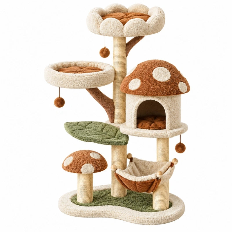 Arbre à chat 60 x 50 x 140 cm en sisal beige marron vert avec niche plateformes et hamac