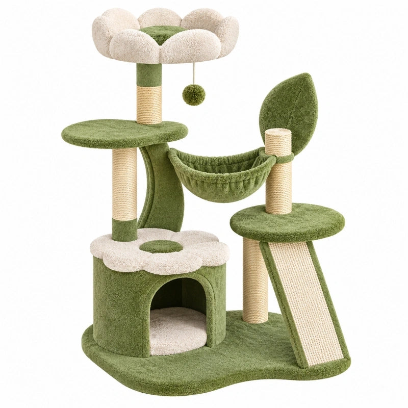 Arbre à chat 60 x 50 x 120 cm vert et crème en sisal avec hamac niche et griffoirs
