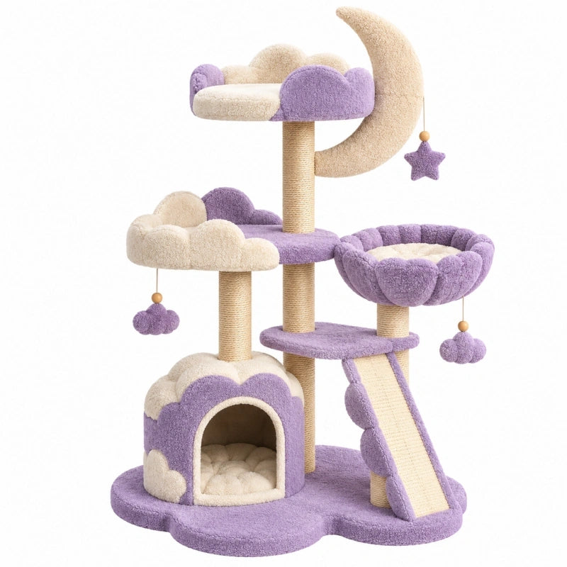 Arbre à chat 60 x 50 x 140 cm violet et beige en sisal avec niches plateformes et griffoirs