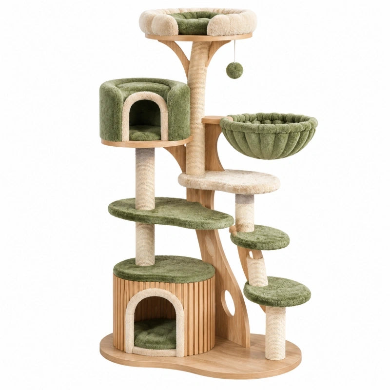 Arbre à chat 60 x 60 x 170 cm en bois sisal et peluche vert beige - tour de jeu à plateformes