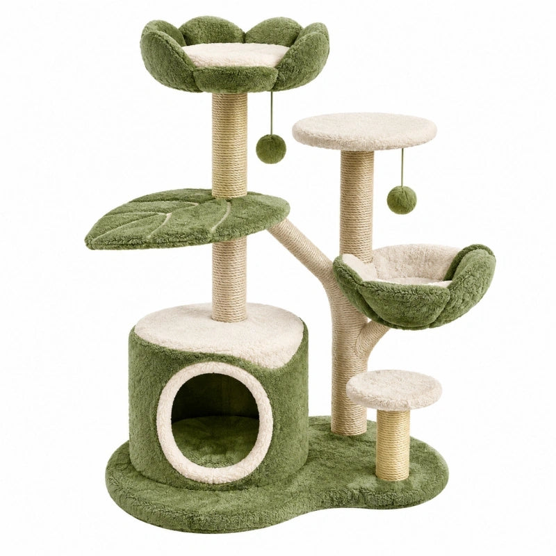 Arbre à chat 60 x 50 x 120 cm en sisal et tissu vert crème à plusieurs niveaux
