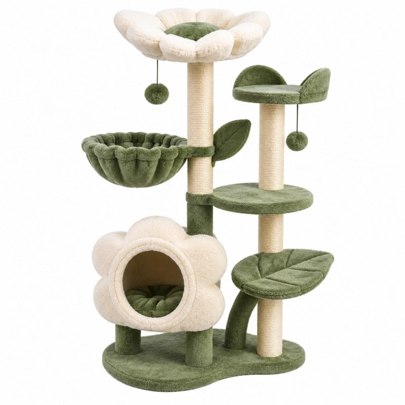 Arbre à chat 60 x 60 x 160 cm vert crème en sisal avec niches plateformes et jouets suspendus
