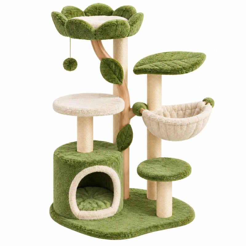 Arbre à chat 60 x 50 x 110 cm en peluche verte et beige avec griffoirs en sisal
