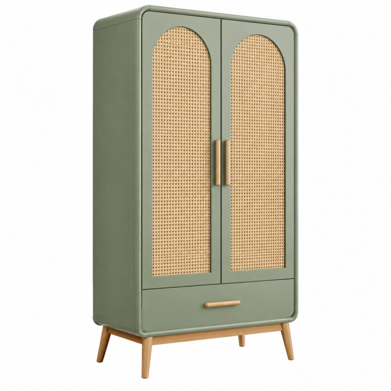Armoire 90 x 45 x 180 cm en bois vert sauge avec portes en cannage style rétro