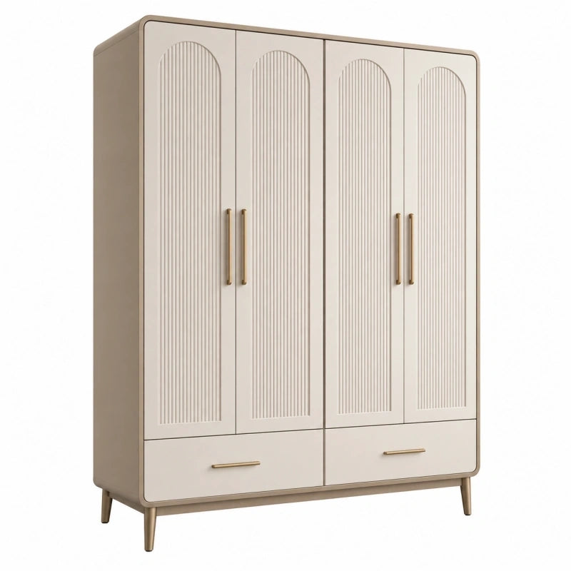 Armoire de rangement 160 x 55 x 200 cm en panneaux de bois crème style contemporain à 4 portes et 2 tiroirs