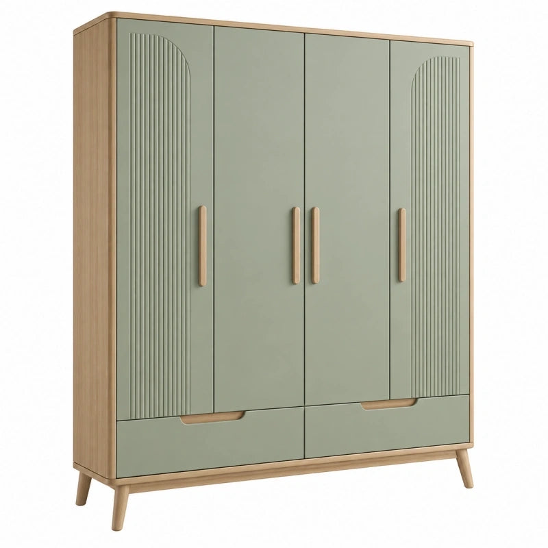 Armoire 160 x 52 x 190 cm vert sauge et bois à 4 portes avec tiroirs style contemporain