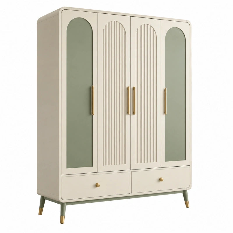 Armoire 120 x 55 x 190 cm en bois beige et vert à 4 portes avec tiroirs style rétro