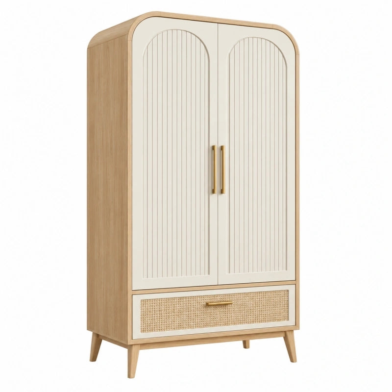 Armoire 90 x 50 x 180 cm en bois beige naturel à 2 portes avec tiroir style rétro