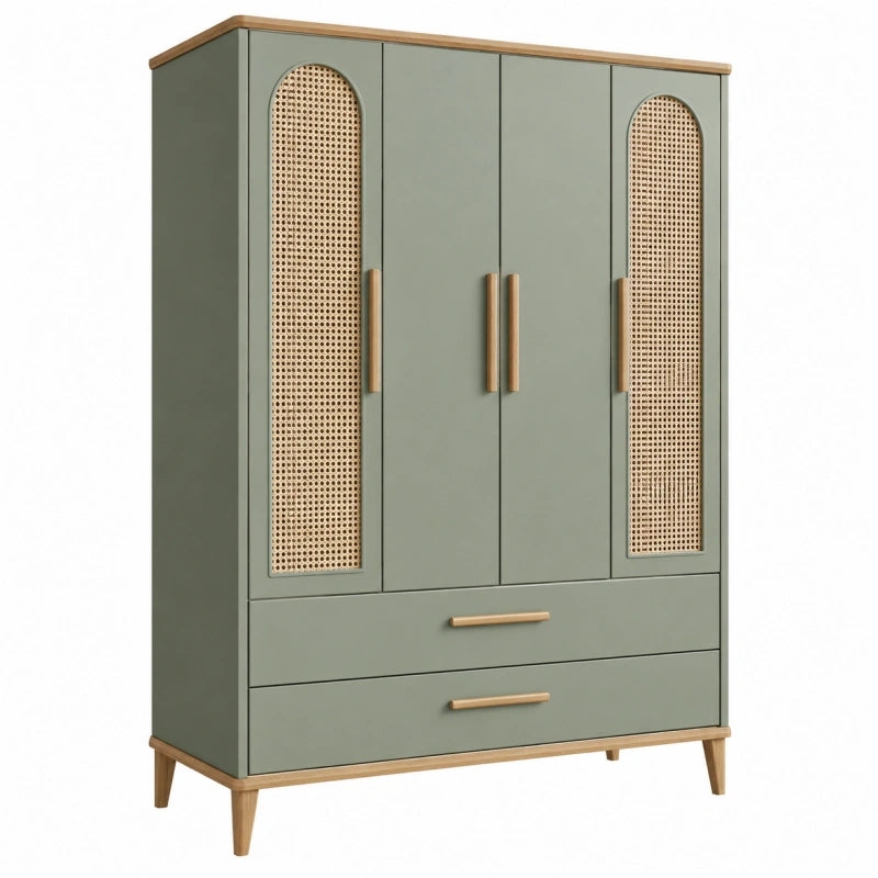 Armoire 120 x 55 x 190 cm en bois vert sauge avec cannage style rétro