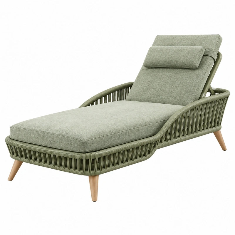 Chaise longue de jardin 200 x 75 cm en résine tressée vert sauge avec dossier inclinable