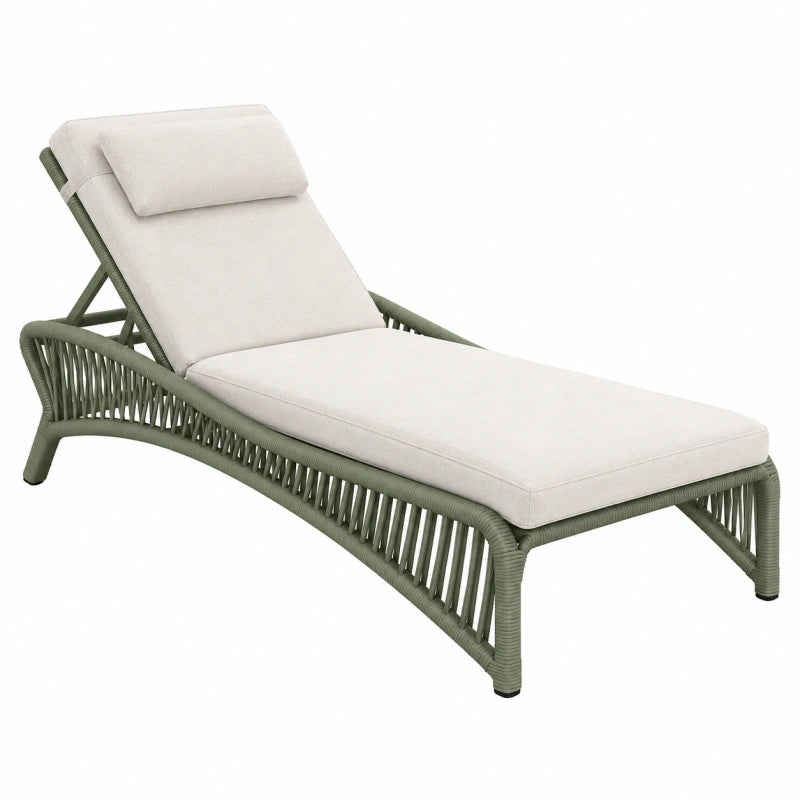 Bain de soleil 200 x 75 cm en corde tressée vert olive avec coussins écrus dossier réglable