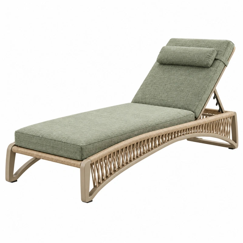 Chaise longue de jardin 195 x 70 x 88 cm en métal et corde beige avec coussin vert inclinable