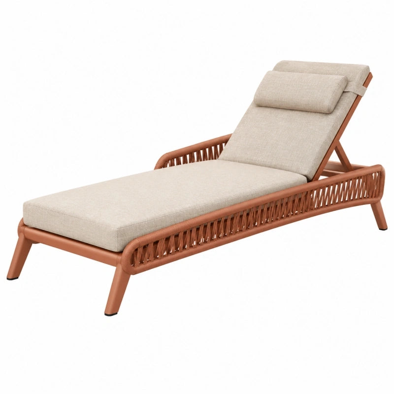 Chaise longue 199 x 70 cm en métal et corde terracotta avec coussin beige pour extérieur