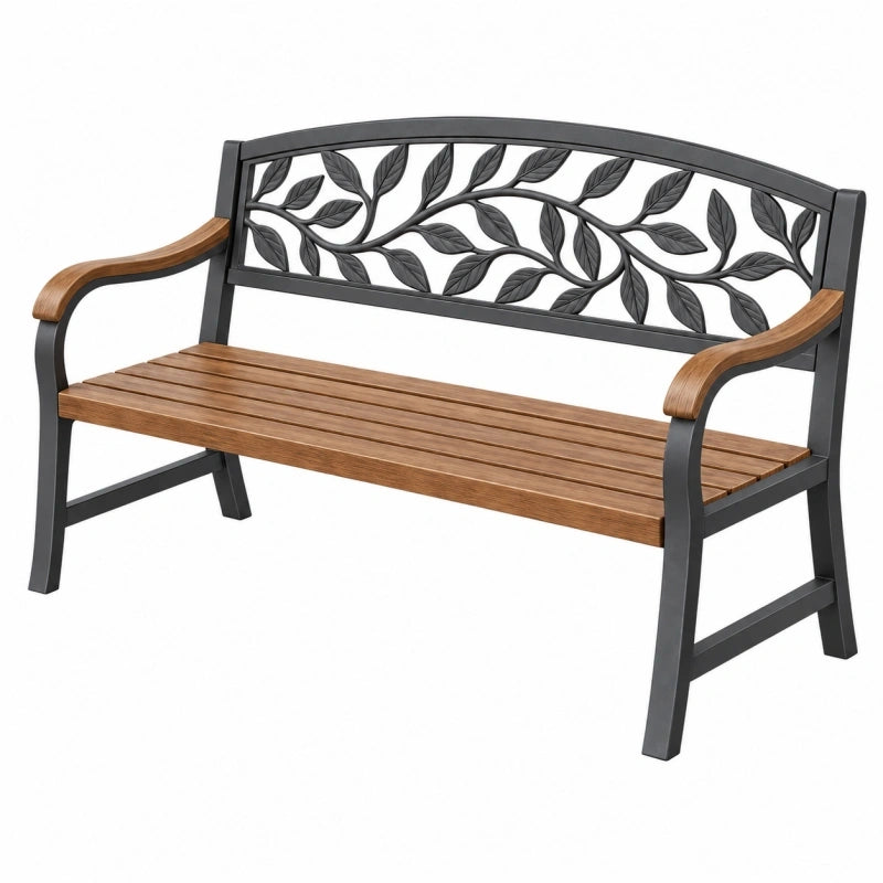 Banc de jardin 122 x 60 x 88 cm métal et bois brun noir dossier feuillage