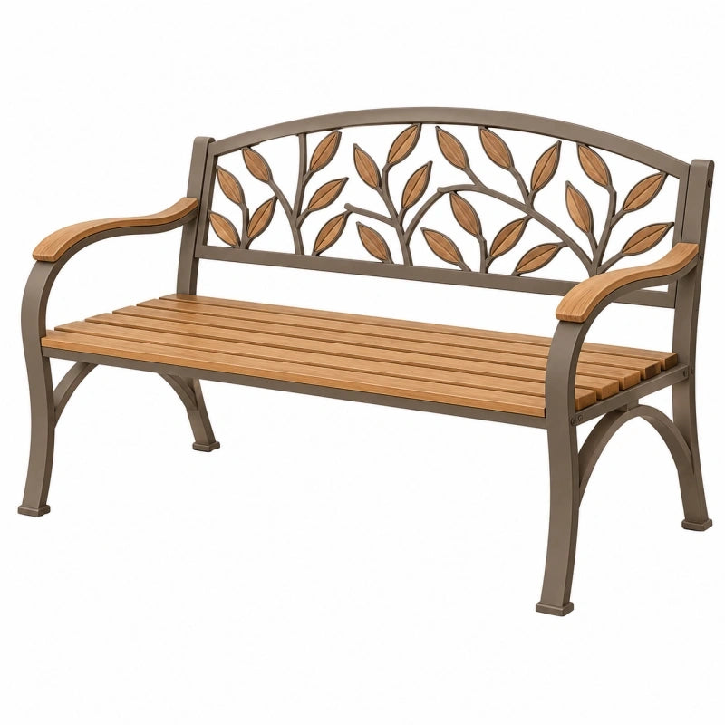 Banc de jardin 122 x 61 x 89 cm en métal et bois marron style feuilles