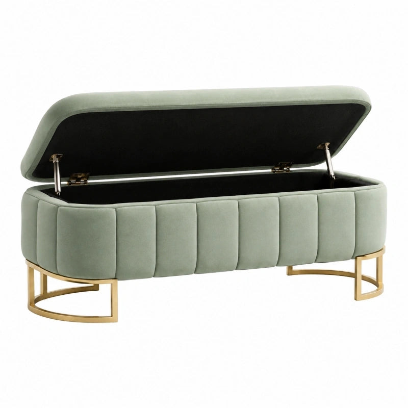 Banquette coffre 120 x 45 x 48 cm tissu vert avec piètement métallique doré