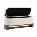 Banc coffre de rangement 120 x 45 x 48 cm en tissu bouclette beige et bois style contemporain