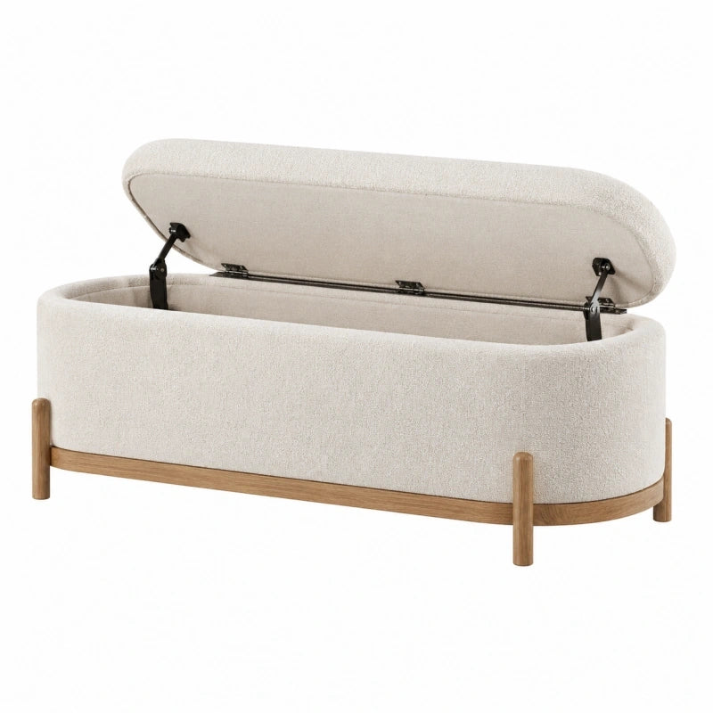 Banc coffre de rangement 120 x 45 x 50 cm en tissu bouclette écru avec pieds en bois