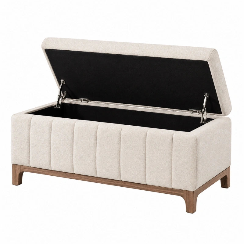 Banc coffre 110 x 45 x 50 cm en tissu beige et bois de rangement style contemporain