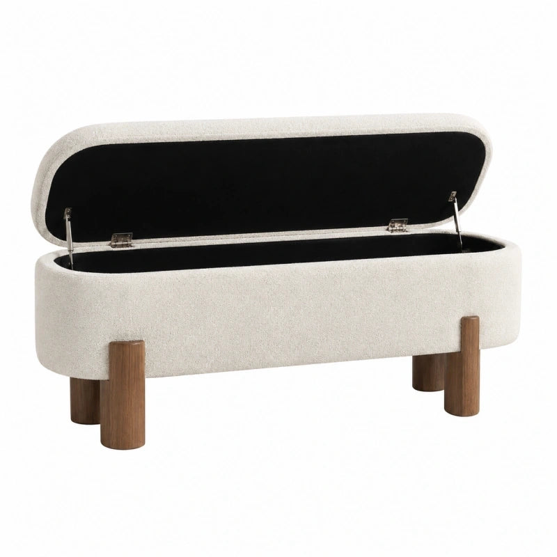 Banc coffre de rangement 120 cm beige en tissu avec pieds en bois style contemporain