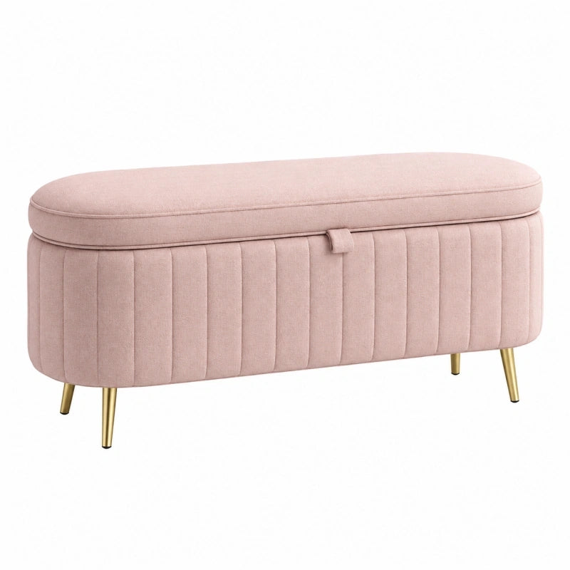 Banc coffre 100 x 40 x 45 cm en tissu rose avec pieds métalliques dorés
