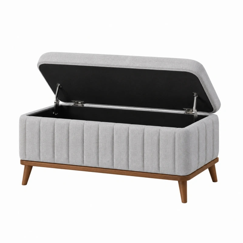 Banc coffre de rangement 120 cm tissu gris pieds en bois style capitonné